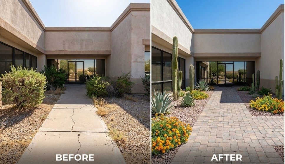 Before and after of an entry courtyard: cracked walkway and overgrown shrubs transformed into a paver walkway with desert planting