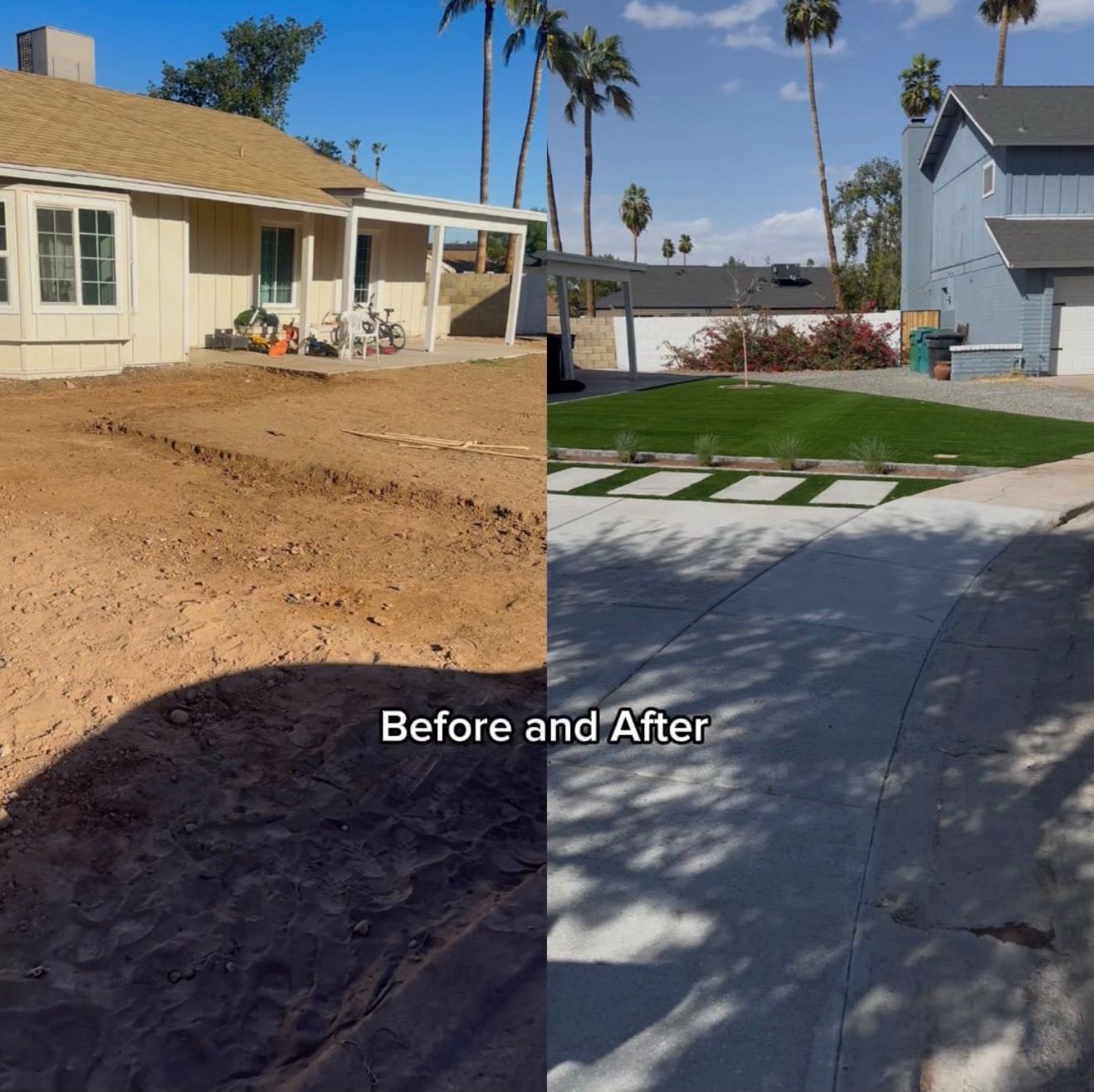 Before and after of a front yard: bare graded dirt transformed into turf lawn with concrete paver walkway