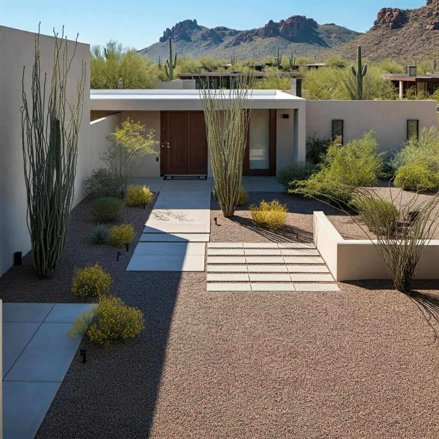 Commercial courtyard with paver plaza, retaining wall, and desert landscaping in Mesa, Arizona